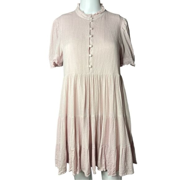 Aqua Short Sleeve Ruffle Mini Dress Pink & Silver Size Medium - Picture 2 of 6